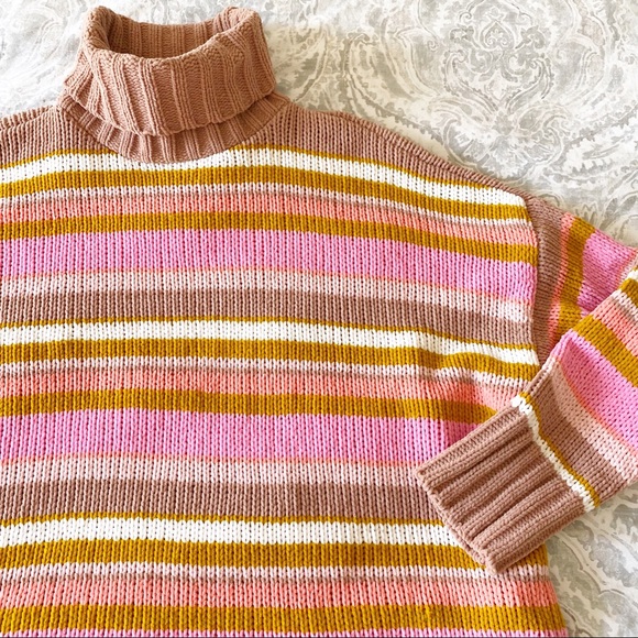 aerie Sweaters - AERIE Stripe Chenille Turtleneck Sweater Tan Pink Stripes Large NEW NWOT